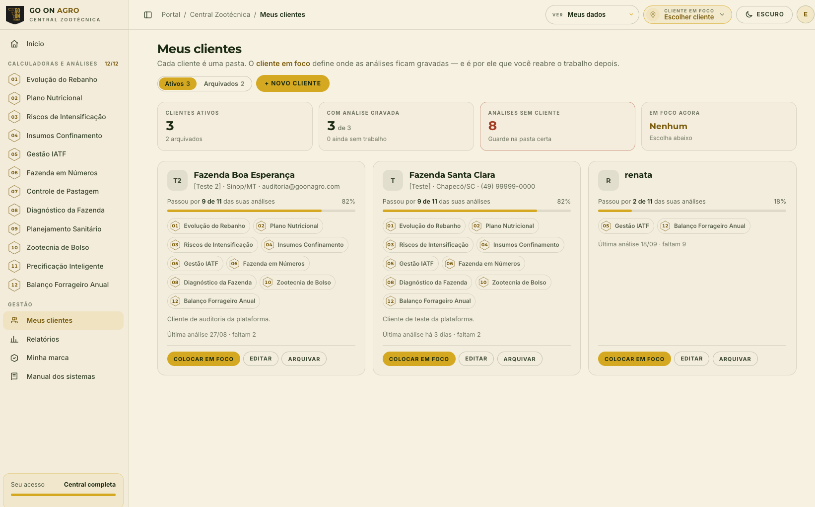 Lista de clientes e análises da Central Zootécnica